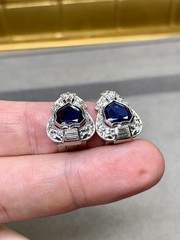 Art Deco Platinum Shield Sapphire European Diamond Earrings Burma No Heat GIA