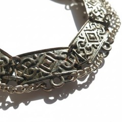 Vintage Gothic Antiqued Silver Tone Filigree Panel Marquise Rhinestone Necklace