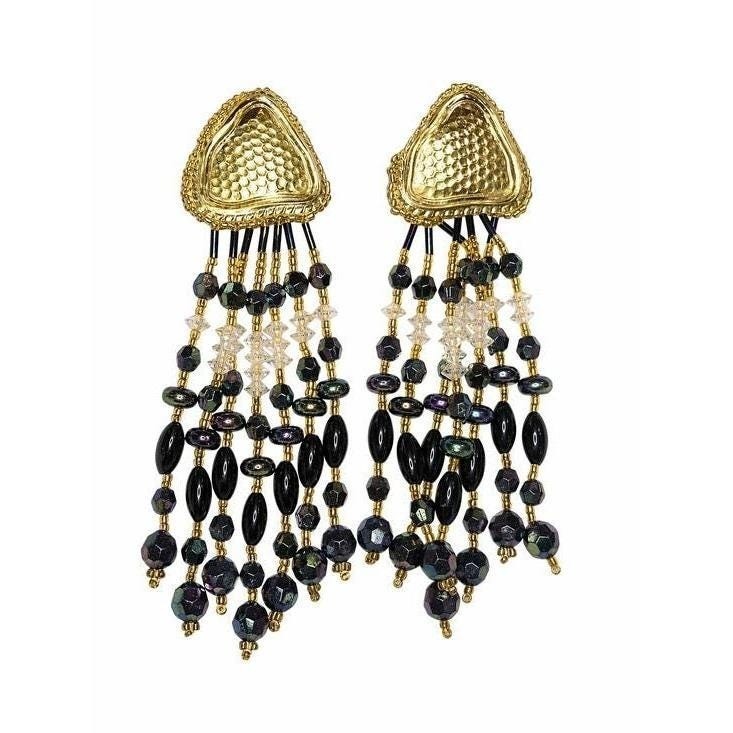 Vintage Black Gold Beaded Clip On Earrings Oversized Waterfall Chandelier