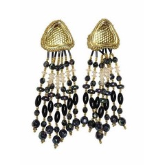 Vintage Black Gold Beaded Clip On Earrings Oversized Waterfall Chandelier