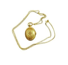 Vintage Clock Necklace Oval Etched Quartz Pocket Watch Pendant Gold Tone 28 Inch