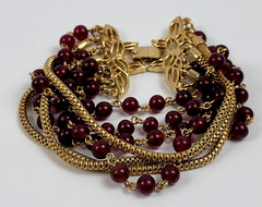 Vintage Gold-Tone Red Carnelian Multi-Chain Beaded Bracelet Fold Over Clasp 7.5″