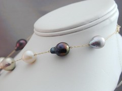 Vintage 14-18mm Gray Black White Baroque Pearl V Necklace 14k 17.75” Tahitian
