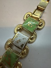 Vintage Golden Confetti Glitter White and Green Lucite Statement Bracelet