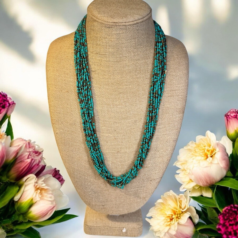 Vintage Turquoise Seed Bead Multi Strand Necklace 30” Long