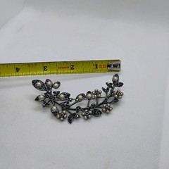 Monet Large Black Rhinestone & Faux Pearl Flower Spray Brooch Silver Tone 3.5″