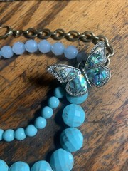 FOSSIL 3 Strand 24” Necklace Rhinestone Turquoise Blue Beads MOP BUTTERFLY & BEE