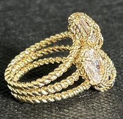 Vintage Gold Tone Rope Cocktail Statement, Ring Clear Glass Stones Size 7.5