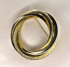 Vintage Interlocking Double Circle Brooch Gold Tone Textured Geometric Pin 4.5cm