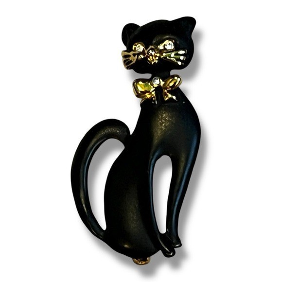 Vintage 2″ Black Cat Pin Brooch Rhinestone Eyes Gold Bow Matte Finish Halloween
