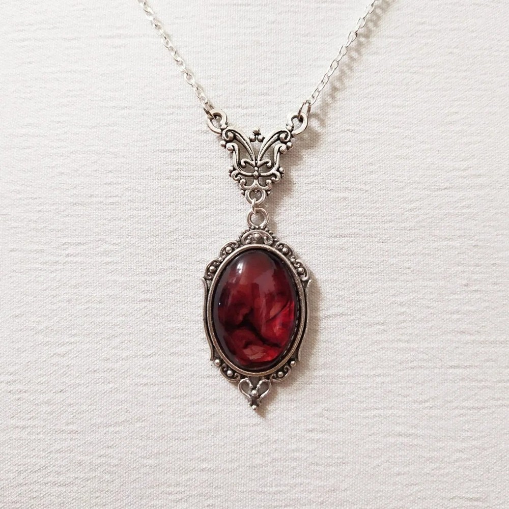 Gothic Blood Red Quartz Pendant Necklace Vampire Witch Choker Women Jewelry