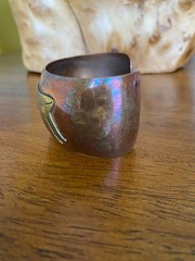 Vintage Copper Cuff Bracelet Brass Snail Abalone Shell Inlay