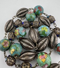 Old Chinese Export Silver Enamel Cloisonne Filigree Melon Bead Chain 26.5″-72.5g
