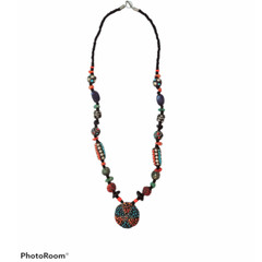 Vintage Nepal Tibetan Trade bead Turquoise Coral Metal, Natural Pendant Necklace
