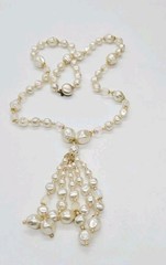 Faux Pearl Tassel Necklace asymmetrical Beaded Waterfall Gold tone Vintage 29 in