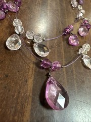 Triple Wire Bead Necklace Pink Purple Faceted Rhinestone Teardrop Dangles Retro