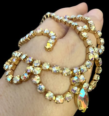 1950s Aurora Borealis AB Clear Rhinestone Gold tone 15″ Choker swag NECKLACE adj