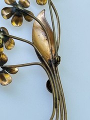 Vintage Floral Spray Brooch Pin Copper Brass Tone Faux Pearl Mid-Century Style