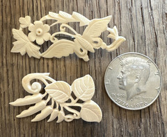2 Vintage Hand Carved Butterfly Flower & Foliage Brooch Pin Open Work Detail
