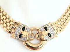 Gorgeous 1980’s Green Eyed Panthers Panther Link Choker Statement Necklace