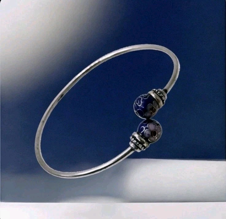 925 Silver Blue Cloisonne Floral Enamel Bead Bangle 1950s-1970s 7.1g