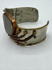 Vtg Modernist Mixed Metals Polished Agate Stone Chunky Cuff Bracelet 8″