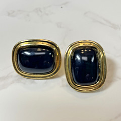 Vintage Trifari Signed Gold Tone & Black Onyx Designer Square Oval Earrings