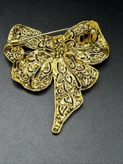 Modern Costume Jewelry Gold Tone Multicolor Bow Pin Brooch 2 1/2” Tall