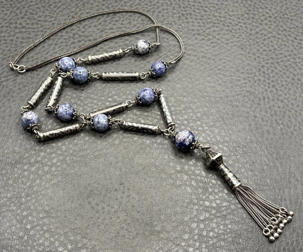 VTG Sterling Silver Tassel Blue Stone Niello Foxtail Chain Boho Necklace 26” 60g