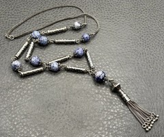 VTG Sterling Silver Tassel Blue Stone Niello Foxtail Chain Boho Necklace 26” 60g
