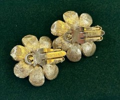 Vintage Signed MARVELLA Blue Enamel Flower Clip On Earrings Rhinestones*, 1960s