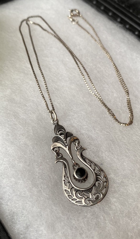 Vintage Sterling Silver Bohemian Revival Large Onyx Pendant 20” Necklace