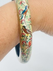 Vintage Tropical Parrot Bird Bangle Bracelet Hand Painted Gold Statement