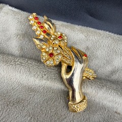Vintage Pot Metal Hand Brooch Gold Tone Rhinestone READ