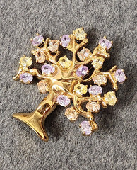 Francesca Visconti Gold Tone Tree of Life Lavender & Yellow Rhinestone Brooch