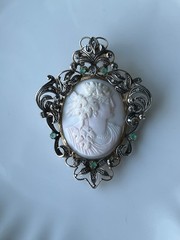 Victorian Portuguese 19k Gold Sterling Silver Emerald Coral Cameo Bacchante Broo