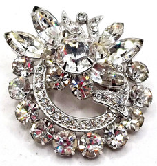 Vintage Signed Eisenberg Ice Rhodium-Plated Sparkling Rhinestone Floral Brooch