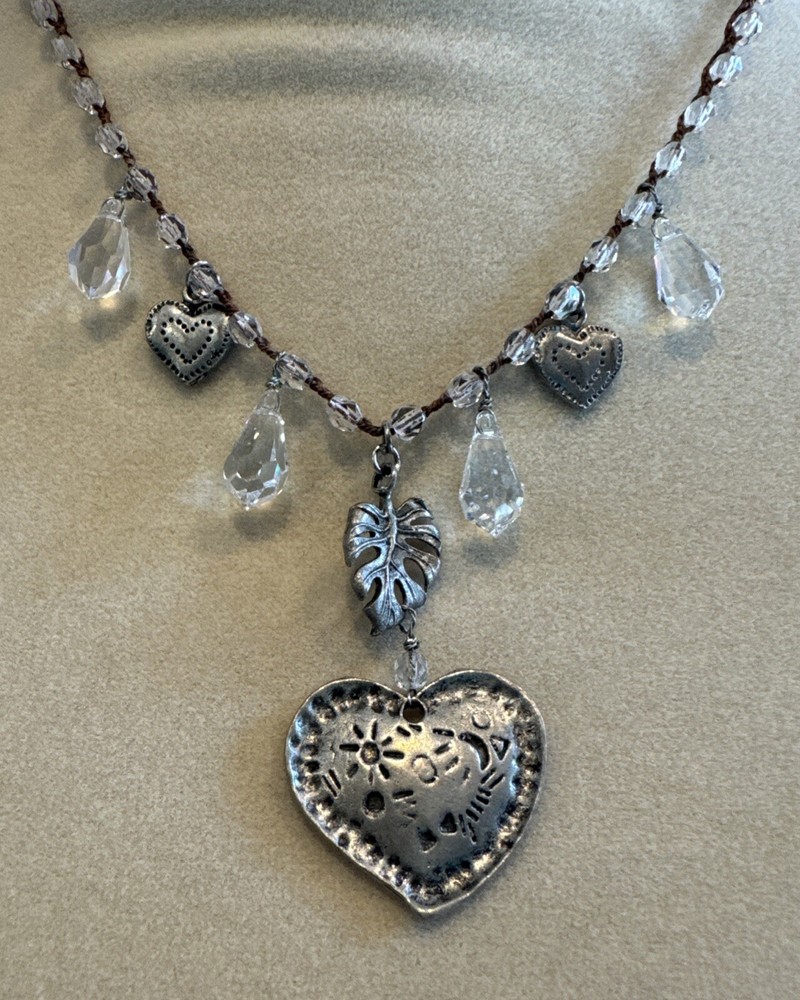 Vintage Pewter Heart Pendant Hieroglyphs String Charm Crystal Chain