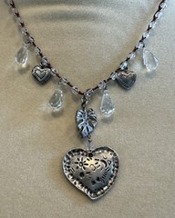 Vintage Pewter Heart Pendant Hieroglyphs String Charm Crystal Chain