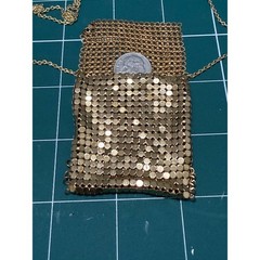 Vintage Gold Mesh Pouch Pendant Necklace Miniature Bag Statement Jewelry 32 In