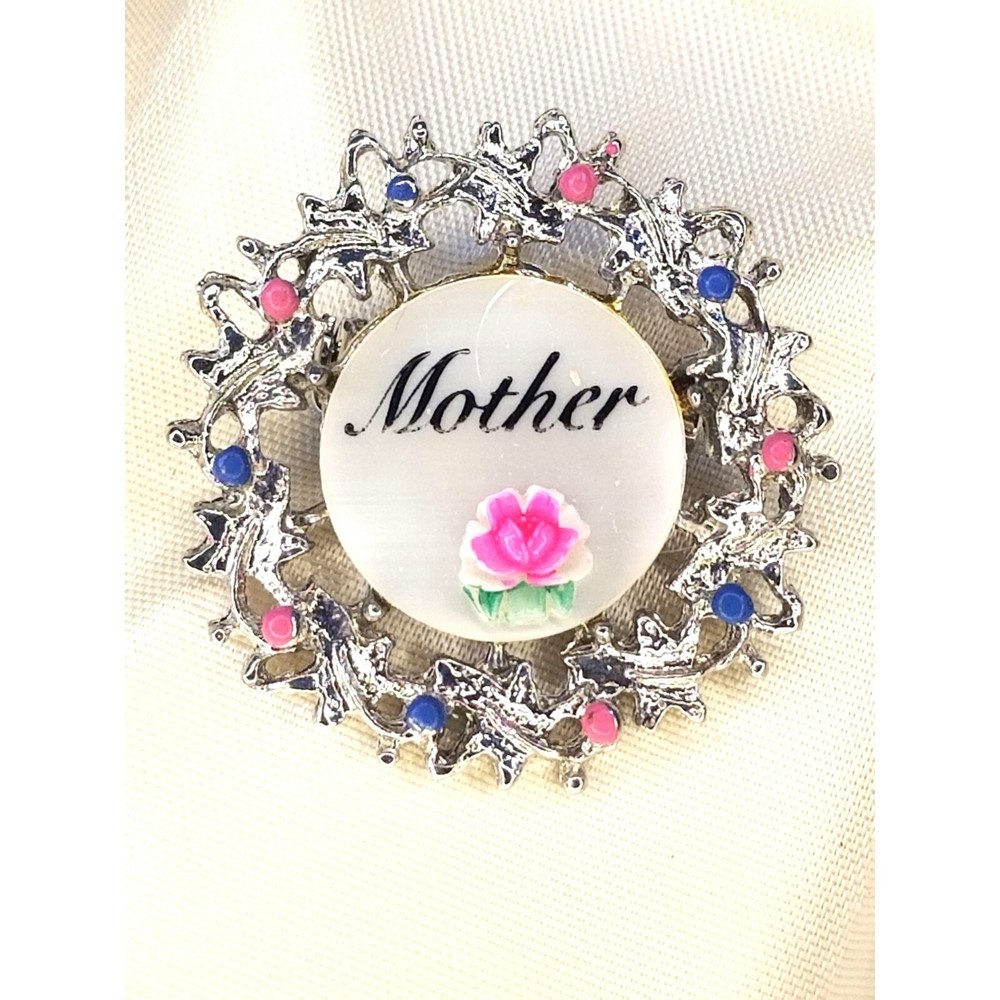 Mother’s Day Brooch Pink Blue Rhinestones Rose Orig Box Lining 1.25″ NIB
