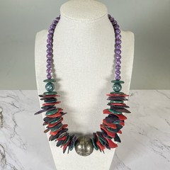 Vtg Bohemian Bright Multicolor Wood Bronze Statement Necklace 21″ Tribal Ethnic