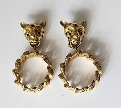 Vintage GRAZIANO signed gold tone Leopard Head Designer Runway Earrings Chunky