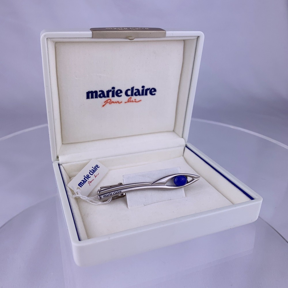 Marie Claire Blue Cabochon Silver Tone Tie Clip Bar Magazine Modern New Box