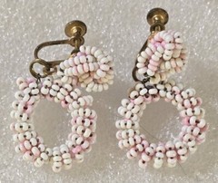 Vintage Pink White Seed Beads Beaded Dangle Drop Hoop Screw Backs Earrings