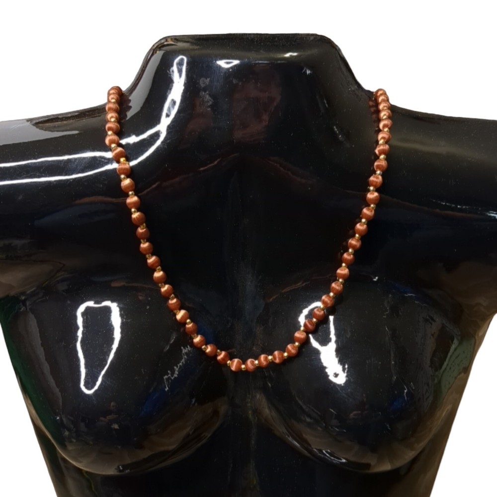 Vintage Silk Thread Wrapped Bead Necklace Brown And Gold Tone Estate Jewelry 26″