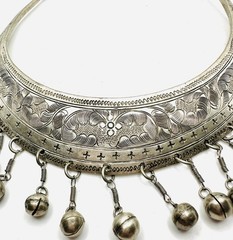 Vintage Miao Hmong Silver Ceremonial Necklace w Dangles, Etching