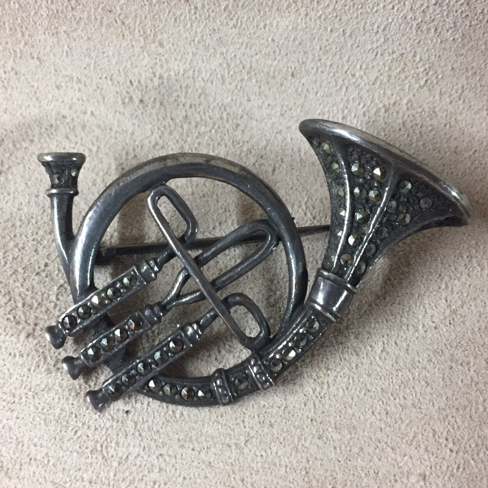 VTG Sterling Silver Marcasite TH Horn Trumpet Musical Instrument Broosh