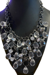 Vintage Silver Layered Clear Frosted Teardrop Statement Necklace Bib Style