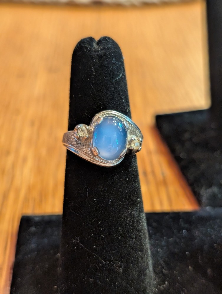 Vintage 925 Sterling Silver Blue Opalite Cabochon Ring Clear Accents Size 6
